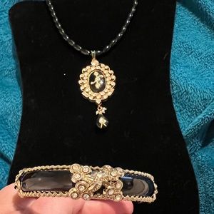 Vintage Estate Gold Plated Kundan Black And Gold Necklace Pendant  & Bracelet
